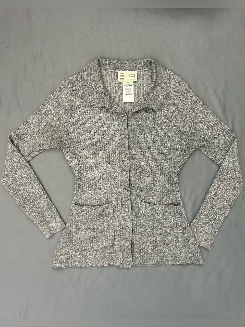 Anthropologie Saturday Sunday Cardigan Sweater Gray Ribbed Knit w/ two pockets S